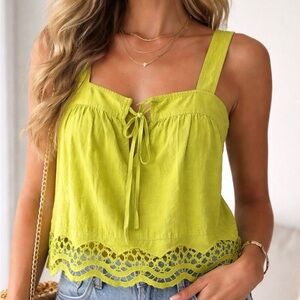 Rachel Zoe Lime Green Sleeveless Top with Ruffle Detail. Linen. Size Large NWT